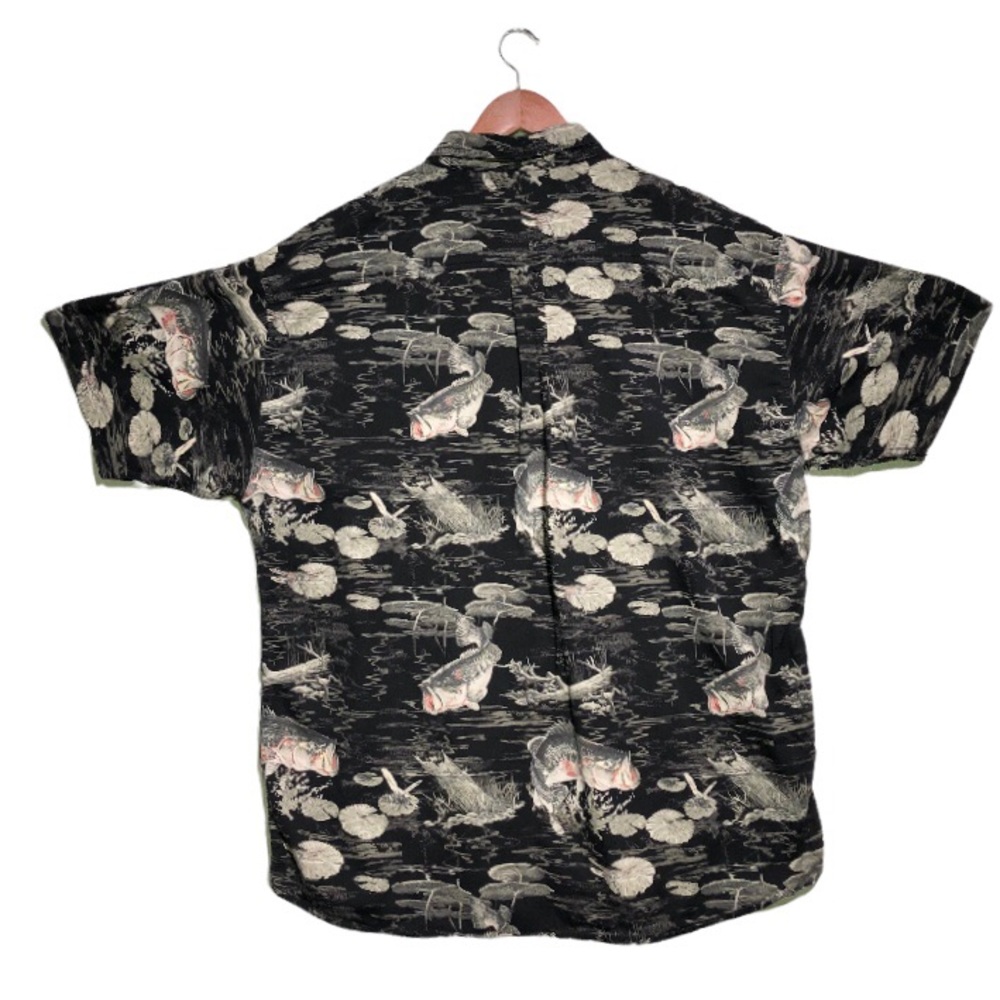 RedHead Vintage 90's Black/Cream Bass Fish Tropical Print Hawaiian Shirt - Picture 2 of 5